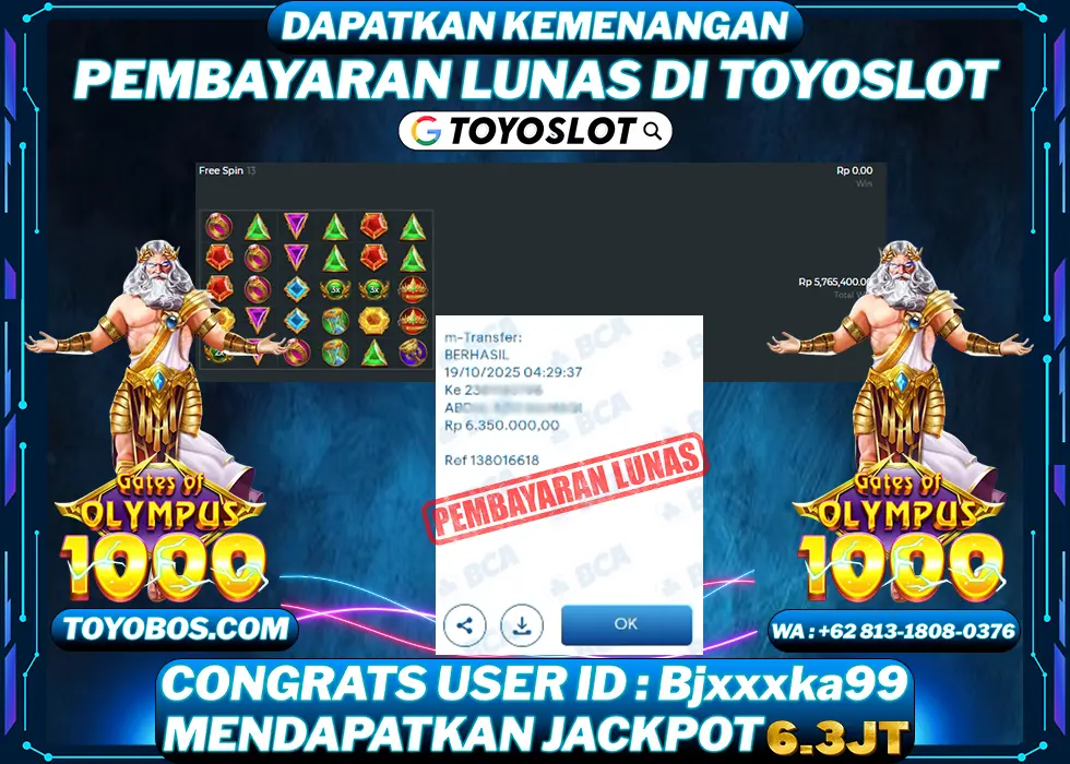 TOYOSLOT - BUKTI KEMENANGAN Gates Of Olympus 1000x Rp6,350,000,- LUNAS